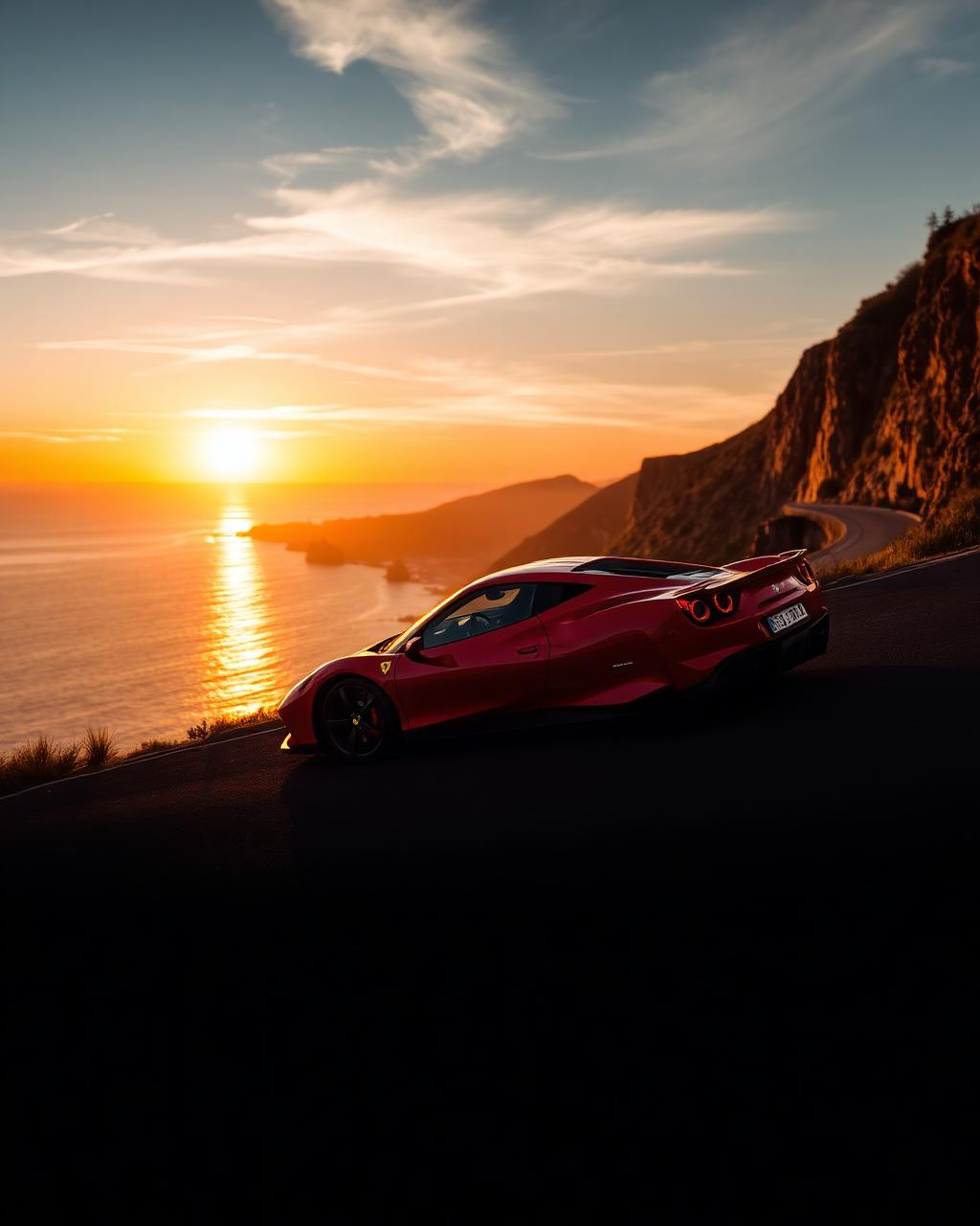 Red Ferrari 488 at sunset on coastal road